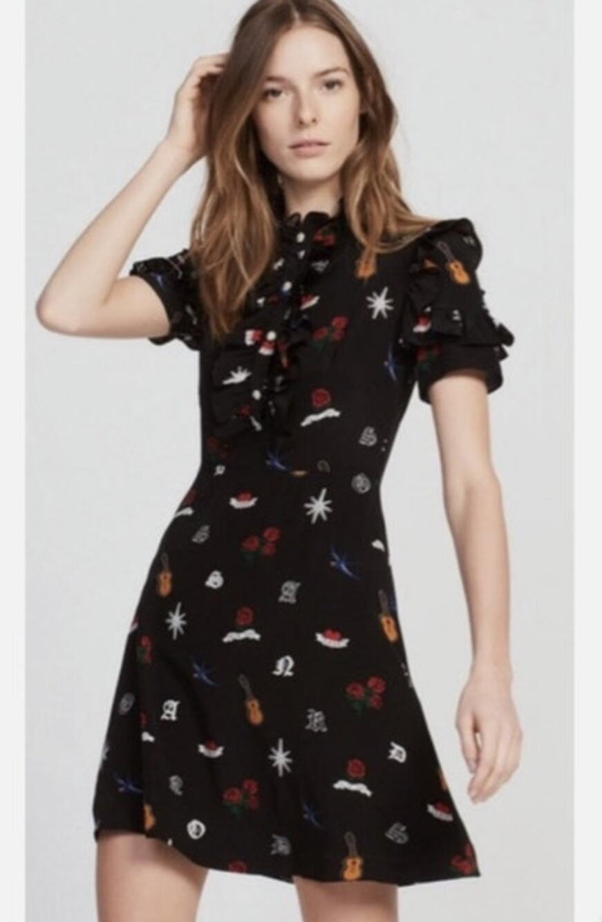Sandro Wendy Tattoo Print Silk Dress Size 2 Black Ruffle A-Line READ